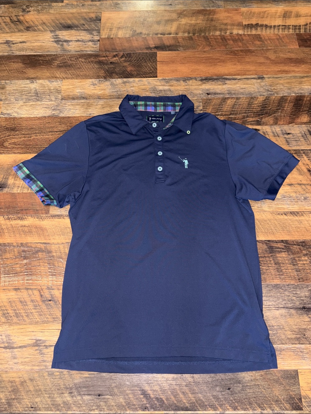 William Murray Golf Polo Shirt Mens Medium Navy Blue Plaid Trim Family Ties